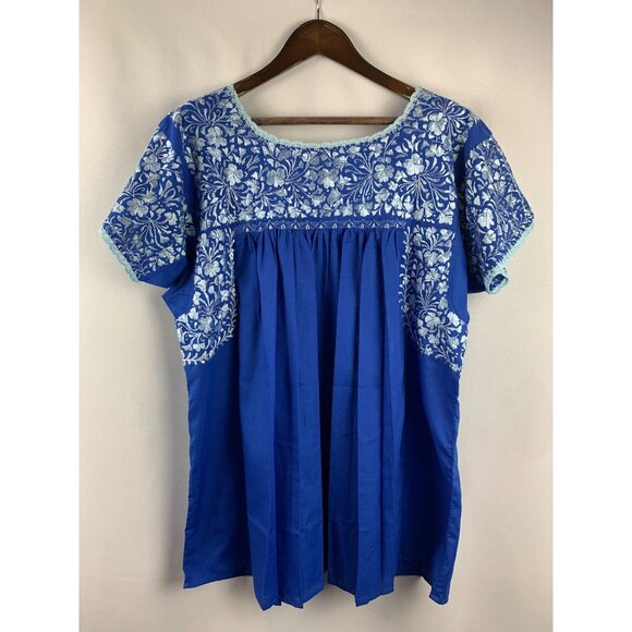 Women’s El Interior Blue Embroidered Floral Puebla Blouse Size XL - Picture 2 of 9